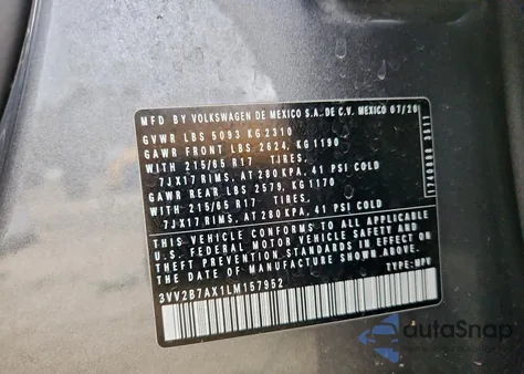 2020 Volkswagen Tiguan Se from USA, damaged, VIN 3VV2B7AX1LM157952